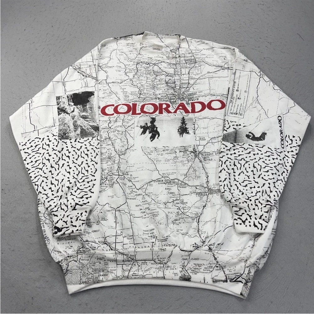 VINTAGE Colorado Sweatshirt Mens XL AOP Crewneck Ski Map All Over Print 90s